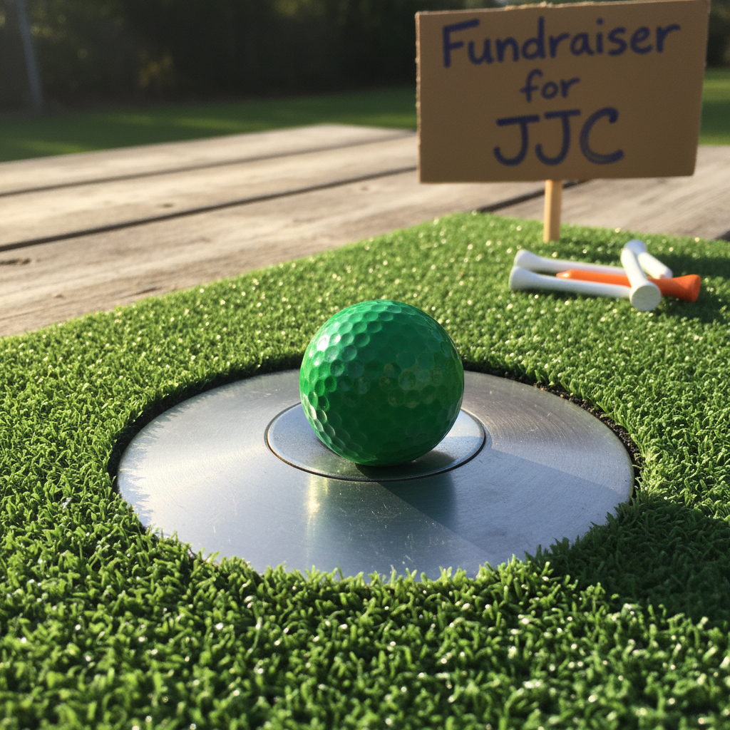 A close-up, photographic shot of a glossy, deep-green golf ball resting on the lip of a polished chrome hole cut into a circular brushed-steel pan, as if the pan were the putting cup. The pan sits on a vibrant patch of synthetic turf stretched over a rustic wooden surface, with a few scattered tees and a small handwritten “Fundraiser for JJC” sign propped in the background, softly out of focus. Warm afternoon light streams in from the left, highlighting the dimples on the ball and the subtle scratches in the metal. Captured from a very low angle with shallow depth of field, the scene feels suspenseful yet playful, emphasizing the moment before a winning putt at a charity event.