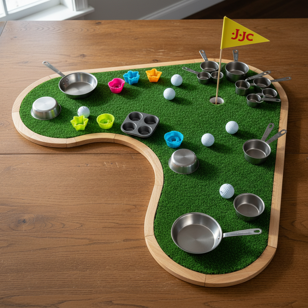 An overhead photographic view of a miniature golf green arranged on a large wooden table, where small stainless-steel pans and colorful silicone baking molds serve as quirky obstacles for white golf balls. A bright yellow flag marked with a simple “JJC” logo stands at the final hole, framed by measuring cups like a tiny gallery. Soft, even daylight from a nearby window washes over the scene, creating gentle highlights on the metal and subtle shadows between objects. The composition uses the rule of thirds, with the hole placed off-center and plenty of negative space for potential text overlay. The atmosphere feels energetic and creative, perfectly capturing a playful charity golf fundraiser theme without any human presence.