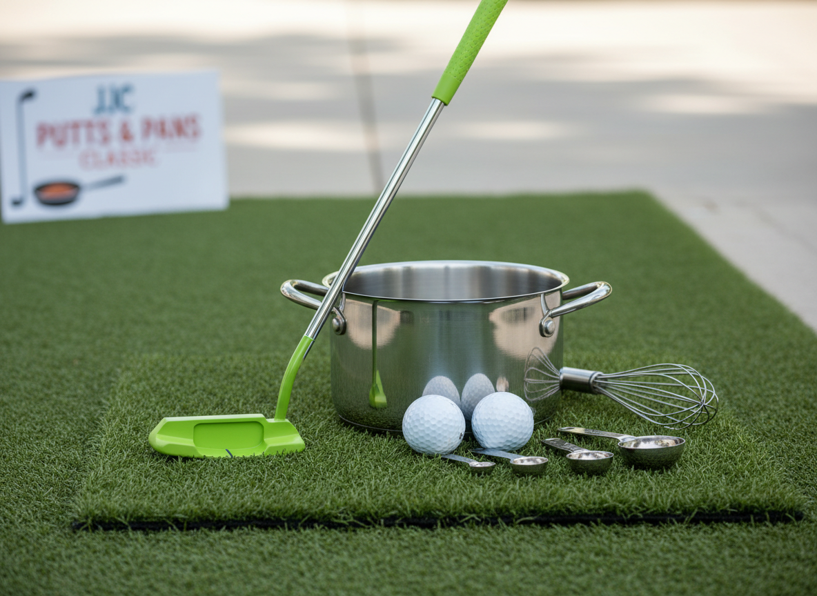A playful still life of a bright lime-green golf putter leaning against a shiny stainless-steel saucepan, both centered on a neatly trimmed patch of vivid green artificial turf. Around them, a few pristine white golf balls nestle among scattered measuring spoons and a whisk, hinting at a whimsical “putts and pans” fundraiser theme. Soft, diffused daylight from the side creates gentle reflections on the metal surfaces and subtle shadows on the turf. Photographed at eye level with a shallow depth of field, the background fades into a soft bokeh of neutral tones. The mood is fun, inviting, and slightly cheeky, with clean photographic realism and vibrant color that suits a playful nonprofit golf fundraiser for JJC.