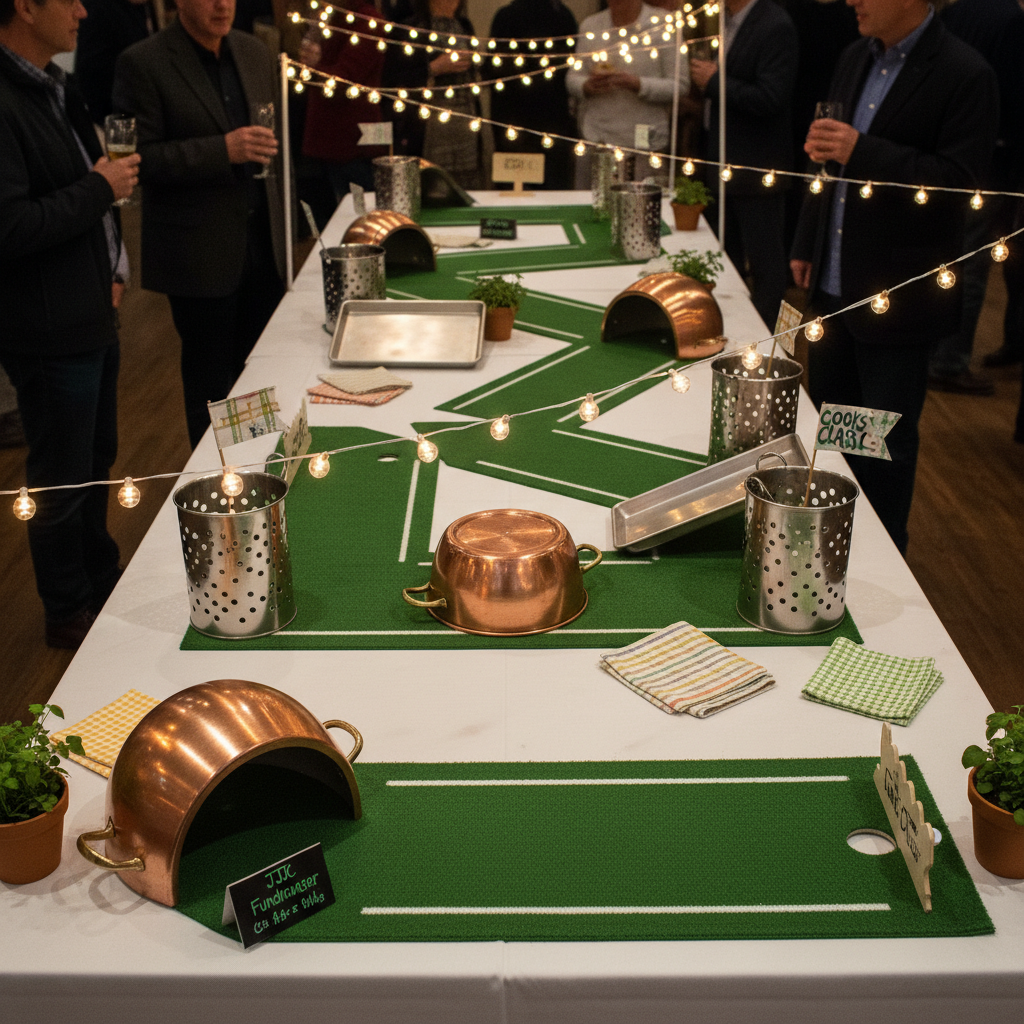 A wide, photographic scene of a whimsical, empty mini-golf course designed entirely from kitchen cookware and utensils laid out across a long buffet-style table. Upside-down copper pots form tunnels, baking sheets act as ramps, and colanders stand like quirky towers, all set atop strips of bright green turf. Small signs featuring “JJC Fundraiser” slogans are placed beside each imaginative hole. Overhead string lights cast a warm, festive glow, creating soft highlights on the metallic surfaces and cozy shadows on the tablecloth. Shot from a slightly elevated angle with sharp focus throughout, the composition feels dynamic and lively, conveying a playful nonprofit event that combines golf and cooking themes in a creative, photo-realistic style.