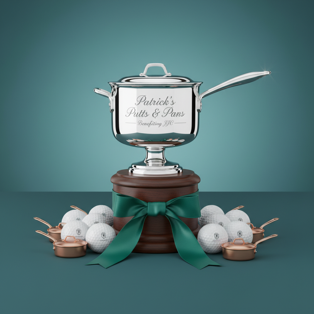 A neatly arranged prize display for a charity golf fundraiser, featuring a gleaming silver trophy shaped like a hybrid between a golf cup and a saucepan, with delicate engraved text reading “Patrick’s Putts & Pans – Benefiting JJC.” The trophy stands on a dark wooden pedestal wrapped with a soft emerald-green ribbon, surrounded by polished golf balls and miniature copper pans as decorative accents. Soft studio lighting from both sides creates crisp highlights on the metallic surfaces and a smooth gradient backdrop in muted teal. The composition is centered with a slight low-angle perspective to make the trophy feel grand and important, while the mood remains lighthearted and celebratory, matching the playful, photo-realistic branding of a nonprofit golf fundraiser.