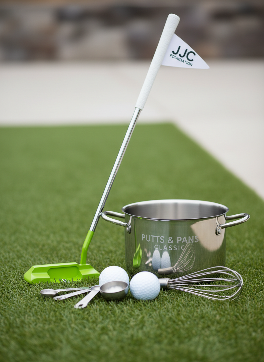 A playful still life of a bright lime-green golf putter leaning against a shiny stainless-steel saucepan, both centered on a neatly trimmed patch of vivid green artificial turf. Around them, a few pristine white golf balls nestle among scattered measuring spoons and a whisk, hinting at a whimsical “putts and pans” fundraiser theme. Soft, diffused daylight from the side creates gentle reflections on the metal surfaces and subtle shadows on the turf. Photographed at eye level with a shallow depth of field, the background fades into a soft bokeh of neutral tones. The mood is fun, inviting, and slightly cheeky, with clean photographic realism and vibrant color that suits a playful nonprofit golf fundraiser for JJC.