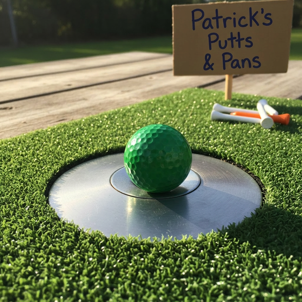A close-up, photographic shot of a glossy, deep-green golf ball resting on the lip of a polished chrome hole cut into a circular brushed-steel pan, as if the pan were the putting cup. The pan sits on a vibrant patch of synthetic turf stretched over a rustic wooden surface, with a few scattered tees and a small handwritten “Fundraiser for JJC” sign propped in the background, softly out of focus. Warm afternoon light streams in from the left, highlighting the dimples on the ball and the subtle scratches in the metal. Captured from a very low angle with shallow depth of field, the scene feels suspenseful yet playful, emphasizing the moment before a winning putt at a charity event.