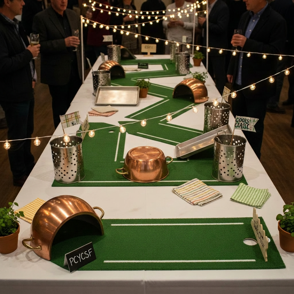 A wide, photographic scene of a whimsical, empty mini-golf course designed entirely from kitchen cookware and utensils laid out across a long buffet-style table. Upside-down copper pots form tunnels, baking sheets act as ramps, and colanders stand like quirky towers, all set atop strips of bright green turf. Small signs featuring “JJC Fundraiser” slogans are placed beside each imaginative hole. Overhead string lights cast a warm, festive glow, creating soft highlights on the metallic surfaces and cozy shadows on the tablecloth. Shot from a slightly elevated angle with sharp focus throughout, the composition feels dynamic and lively, conveying a playful nonprofit event that combines golf and cooking themes in a creative, photo-realistic style.