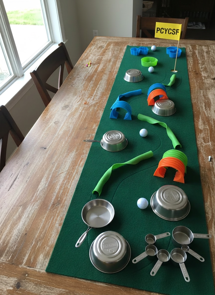 An overhead photographic view of a miniature golf green arranged on a large wooden table, where small stainless-steel pans and colorful silicone baking molds serve as quirky obstacles for white golf balls. A bright yellow flag marked with a simple “JJC” logo stands at the final hole, framed by measuring cups like a tiny gallery. Soft, even daylight from a nearby window washes over the scene, creating gentle highlights on the metal and subtle shadows between objects. The composition uses the rule of thirds, with the hole placed off-center and plenty of negative space for potential text overlay. The atmosphere feels energetic and creative, perfectly capturing a playful charity golf fundraiser theme without any human presence.