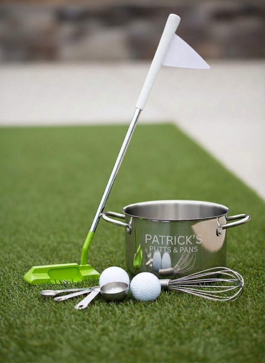 A playful still life of a bright lime-green golf putter leaning against a shiny stainless-steel saucepan, both centered on a neatly trimmed patch of vivid green artificial turf. Around them, a few pristine white golf balls nestle among scattered measuring spoons and a whisk, hinting at a whimsical “putts and pans” fundraiser theme. Soft, diffused daylight from the side creates gentle reflections on the metal surfaces and subtle shadows on the turf. Photographed at eye level with a shallow depth of field, the background fades into a soft bokeh of neutral tones. The mood is fun, inviting, and slightly cheeky, with clean photographic realism and vibrant color that suits a playful nonprofit golf fundraiser for JJC.